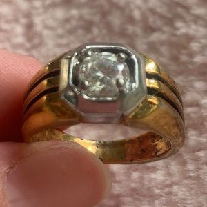 14 KT INSCRIBED MENS GOLD (PLATED?) RING SILVER SURROUNDED STONE VINTAGE ANTIQUE